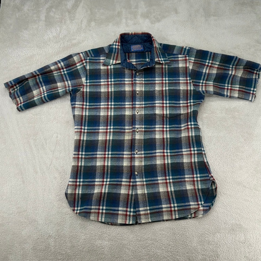 Vintage Pendleton Wool Plaid Flannel Cut Sleeves Button‎ Up Shirt Mens M Blue